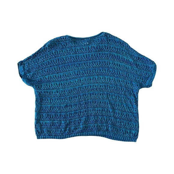 Catherines | Sparkly Teal Open Weave Knit Short Sleeve Cotton Sweater, 2X - Picture 2 of 5